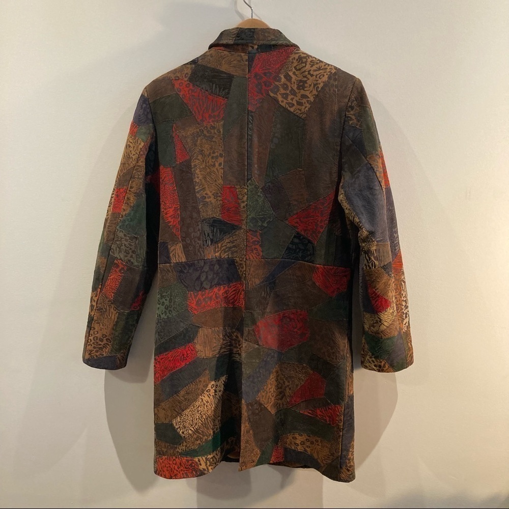 KROSHETTA Sz M Leather Patchwork Knee Length Colourful Lined Coat with Pockets - Picture 11 of 11
